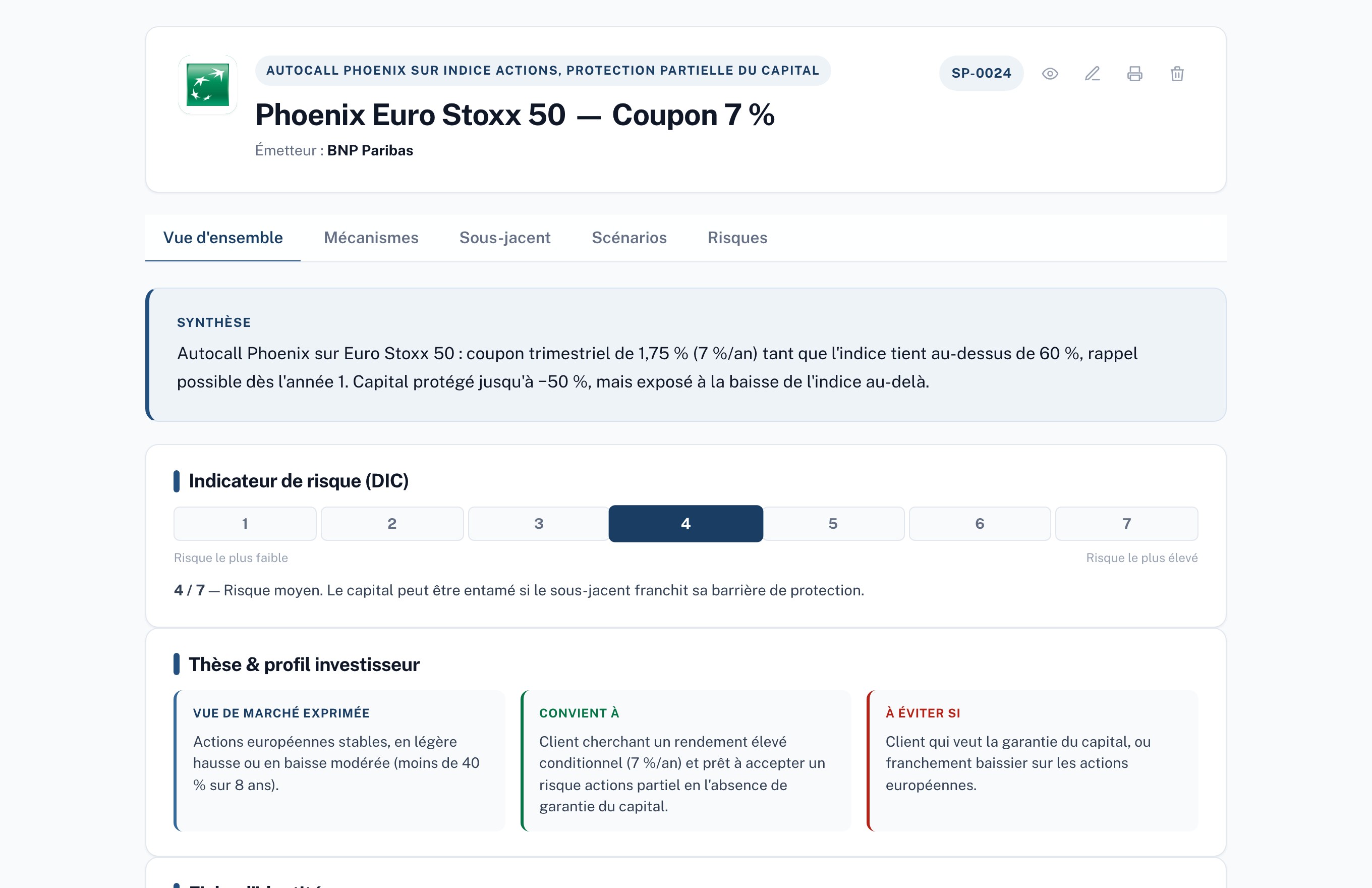 Fiche d'analyse Ilvex : synthèse, indicateur de risque et profil investisseur d'un autocall Phoenix